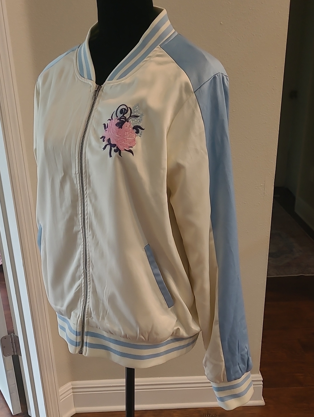 Disney Cream and Light Al8ce In Wonderland  Blue Embroidered Bomber Jacket Xl